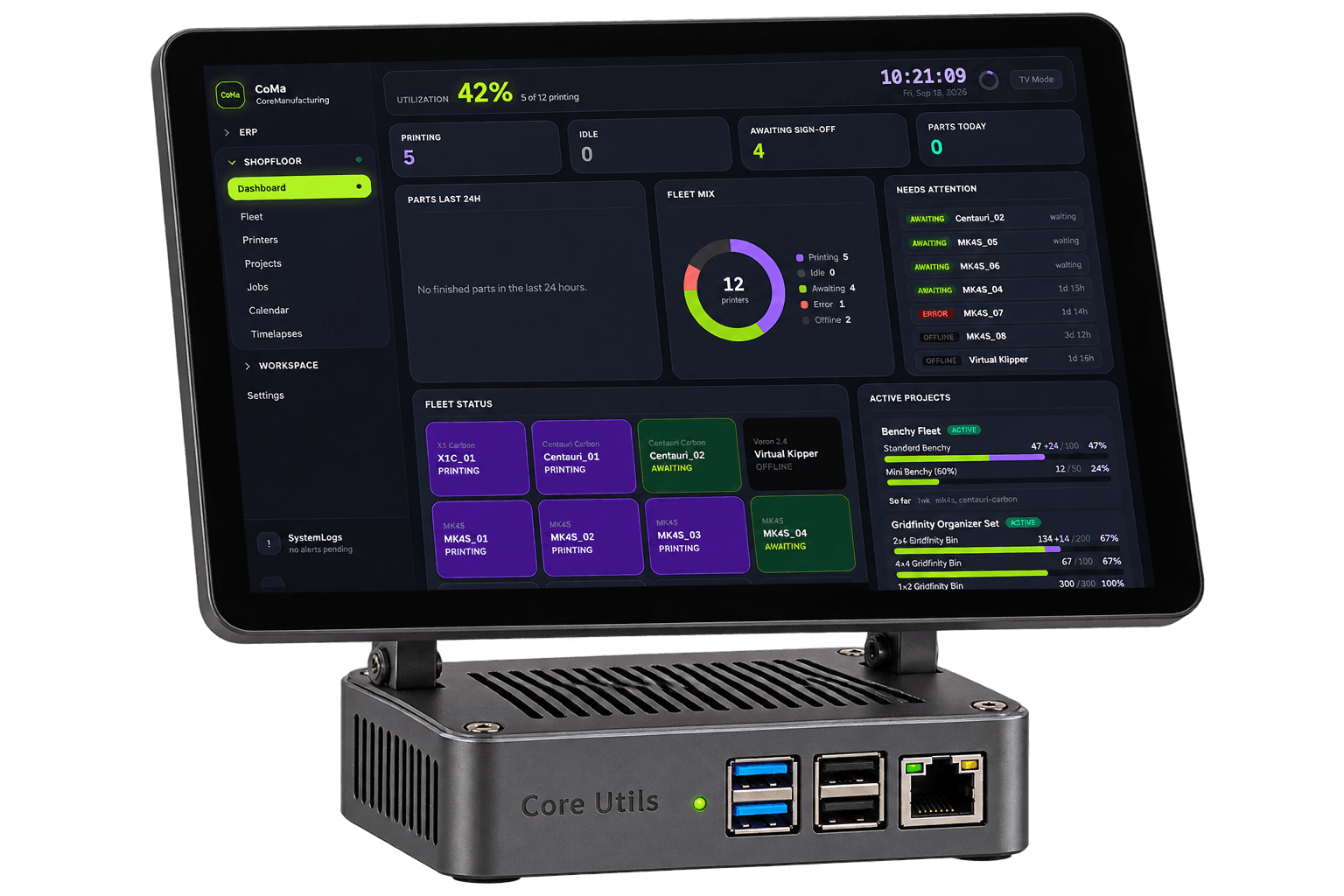 Core Box All-in-One: Raspberry Pi 5 en caja personalizada de Core Utils, pantalla de 7 pulgadas sobre una base compacta y dashboard de CoMa